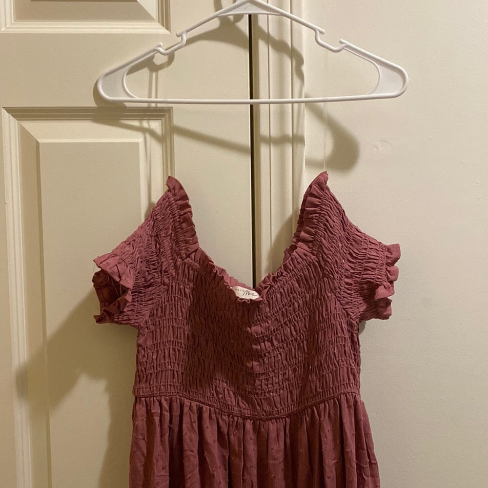 Mauve Off Shoulder Smocked Maternity Midi Dress
